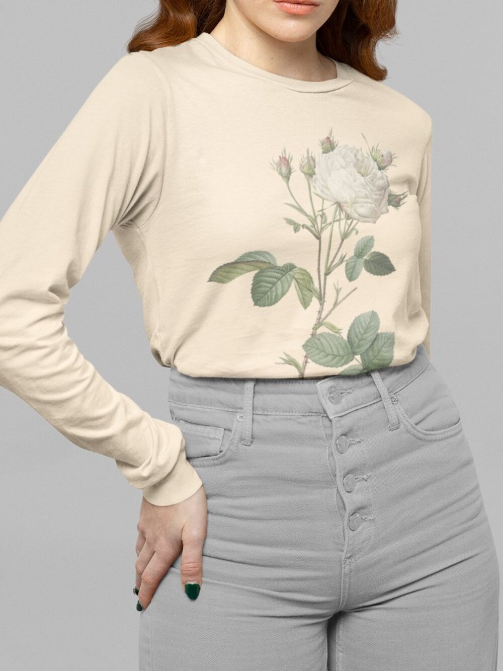 Rose Vintage Floral Print Long Sleeve Graphic Tee T-shirt S-XXL